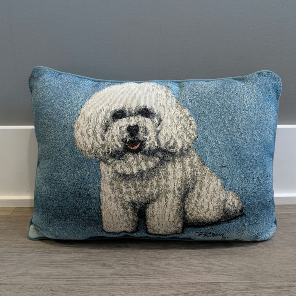 Linda Picken‎ Tapestry Sofa Throw Blue Pillow White Bichon Dog